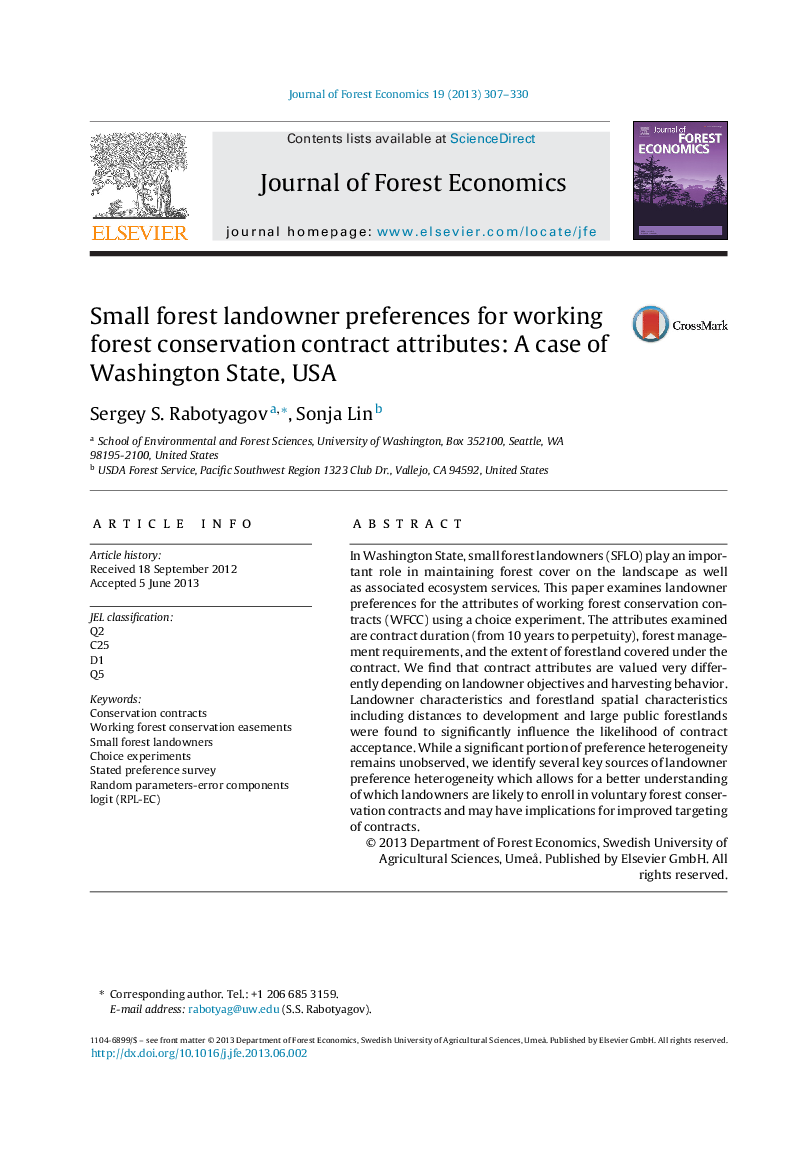 Small forest landowner preferences for working forest conservation contract attributes: A case of Washington State, USA