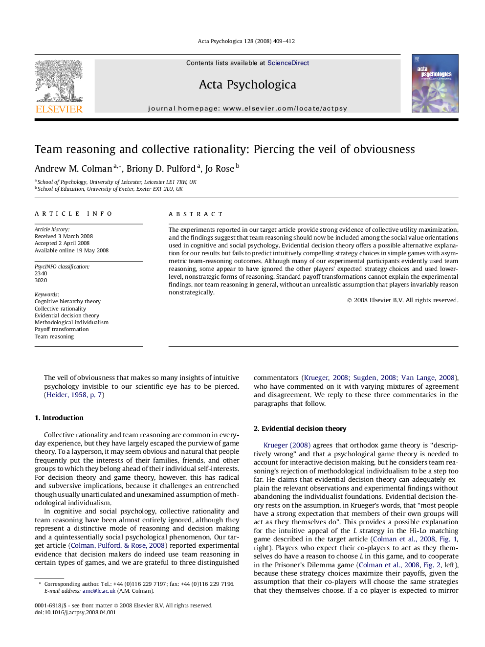 Team reasoning and collective rationality: Piercing the veil of obviousness