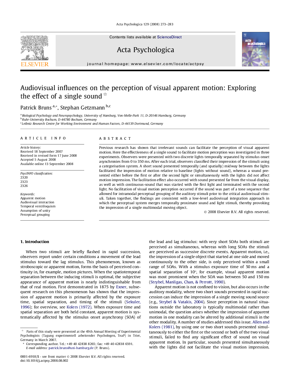 Audiovisual influences on the perception of visual apparent motion: Exploring the effect of a single sound 