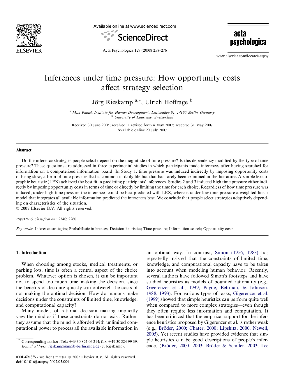 Inferences under time pressure: How opportunity costs affect strategy selection