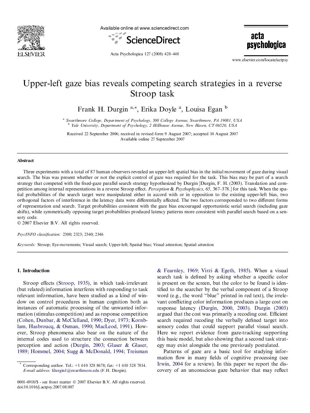 Upper-left gaze bias reveals competing search strategies in a reverse Stroop task