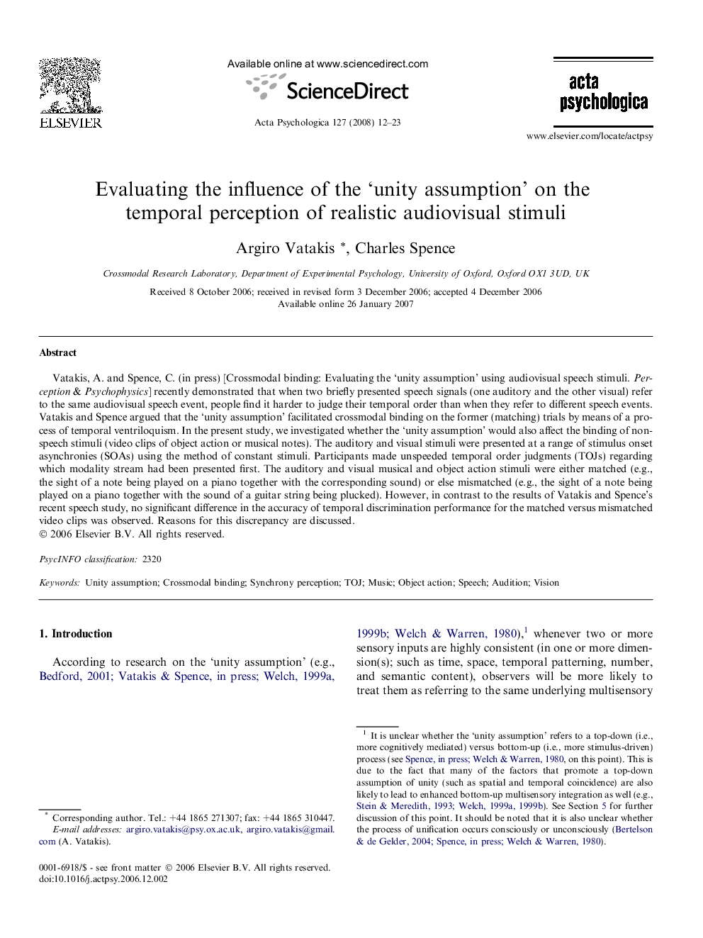 Evaluating the influence of the ‘unity assumption’ on the temporal perception of realistic audiovisual stimuli