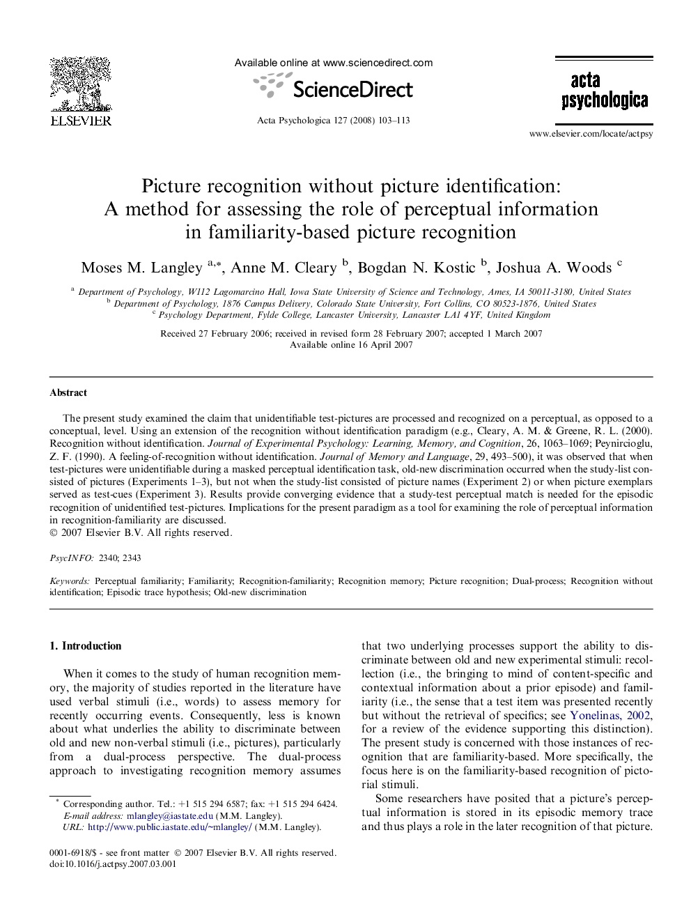 Picture recognition without picture identification: A method for assessing the role of perceptual information in familiarity-based picture recognition