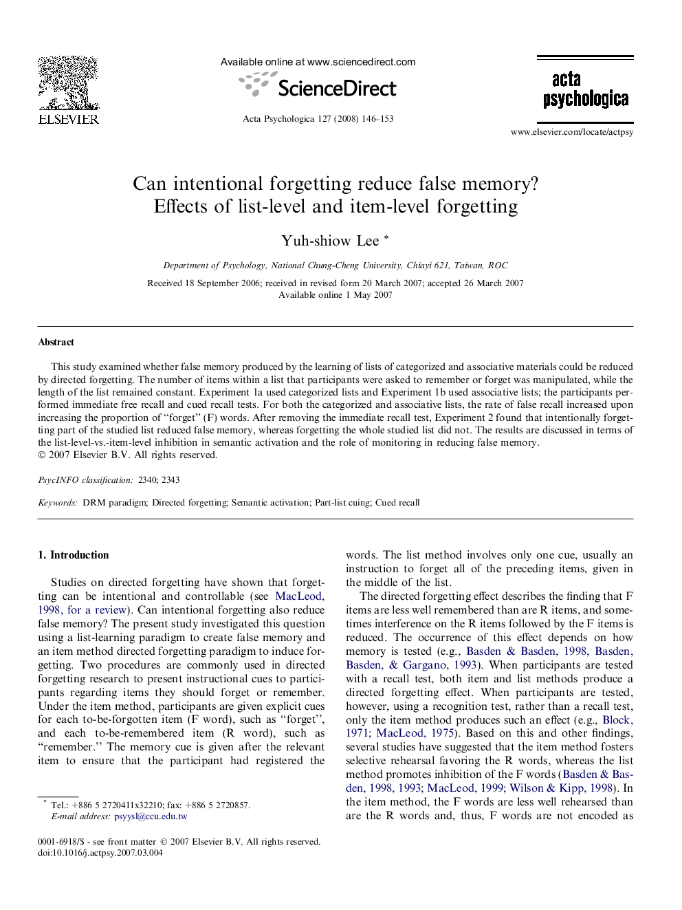Can intentional forgetting reduce false memory? Effects of list-level and item-level forgetting