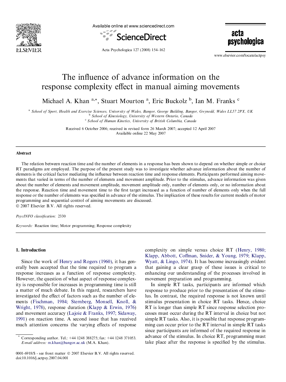 The influence of advance information on the response complexity effect in manual aiming movements