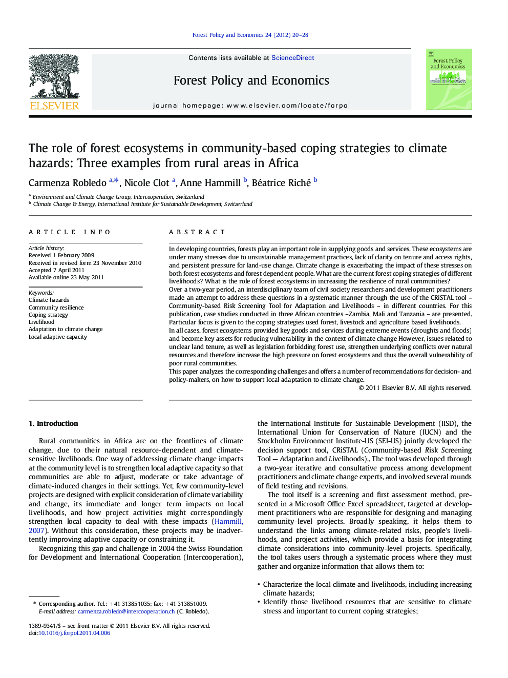 The role of forest ecosystems in community-based coping strategies to climate hazards: Three examples from rural areas in Africa