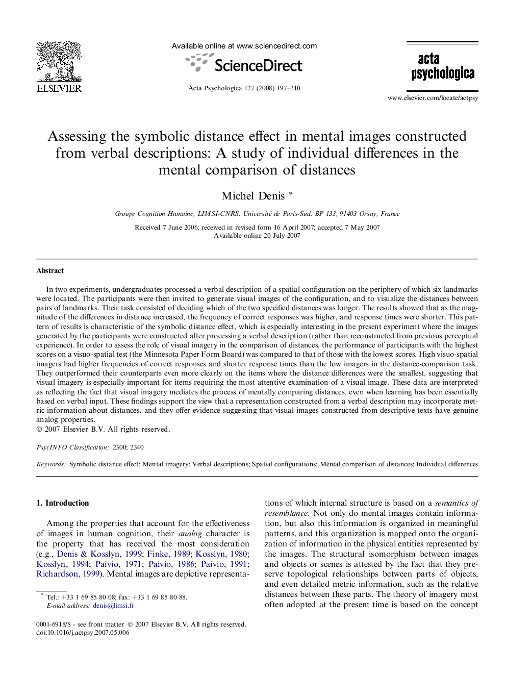 Assessing the symbolic distance effect in mental images constructed from verbal descriptions: A study of individual differences in the mental comparison of distances