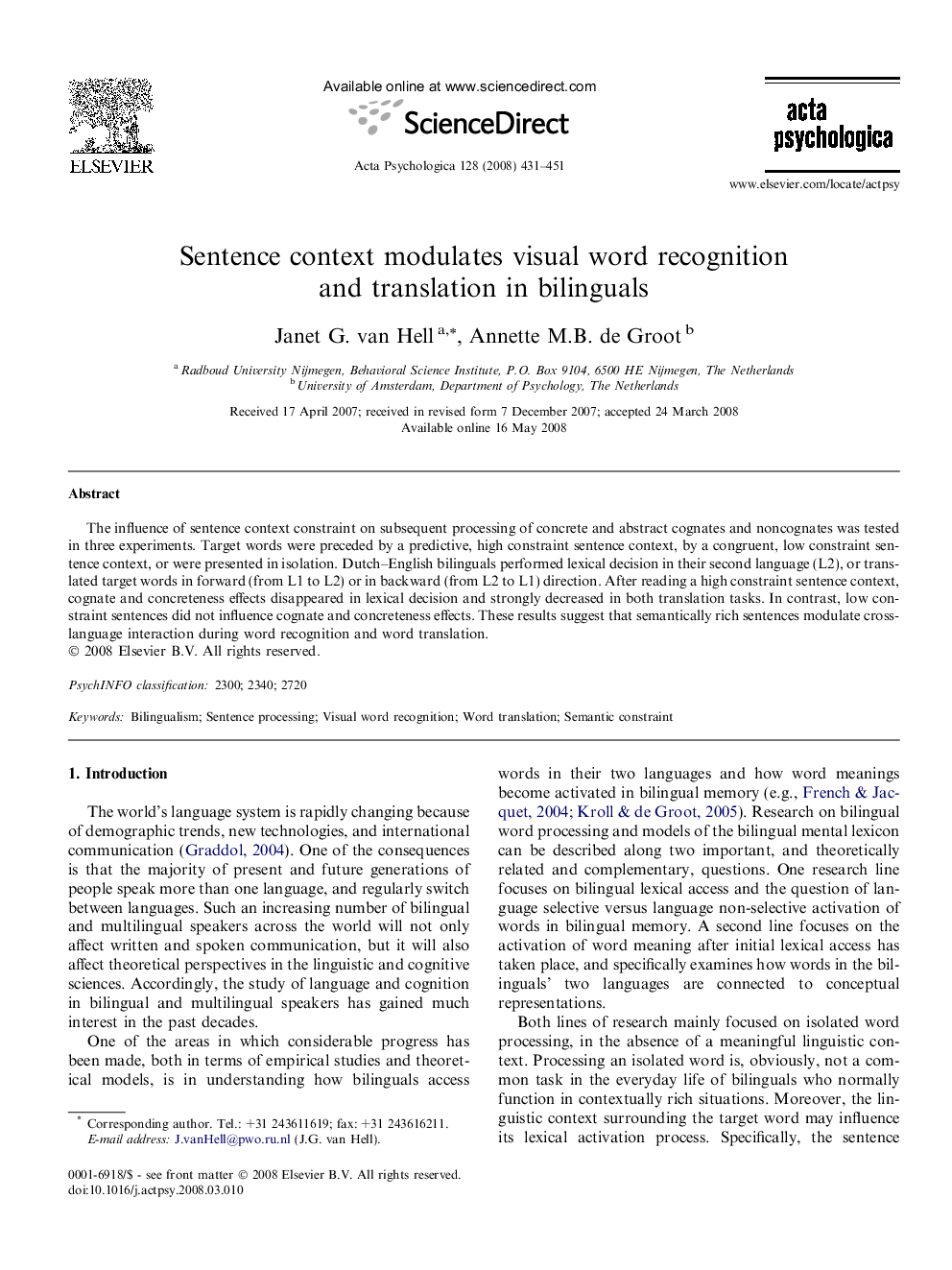 Sentence context modulates visual word recognition and translation in bilinguals