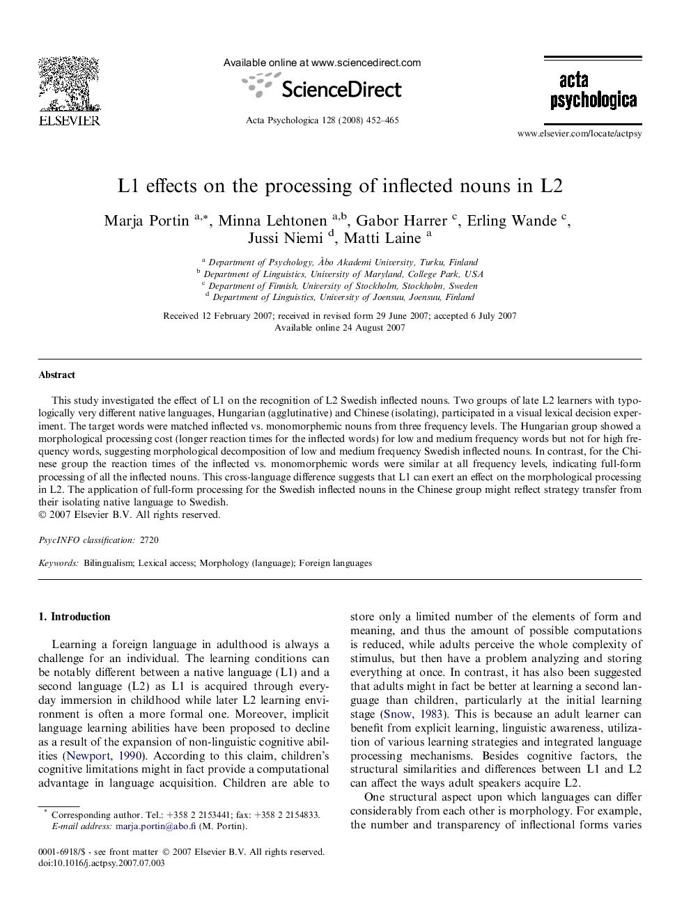 L1 effects on the processing of inflected nouns in L2