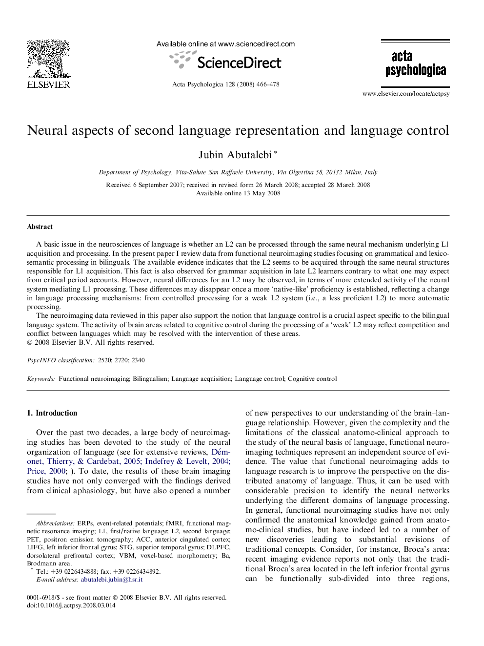 Neural aspects of second language representation and language control