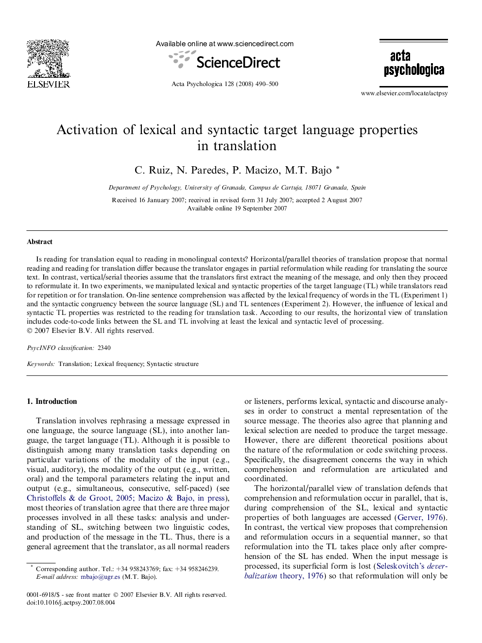 Activation of lexical and syntactic target language properties in translation