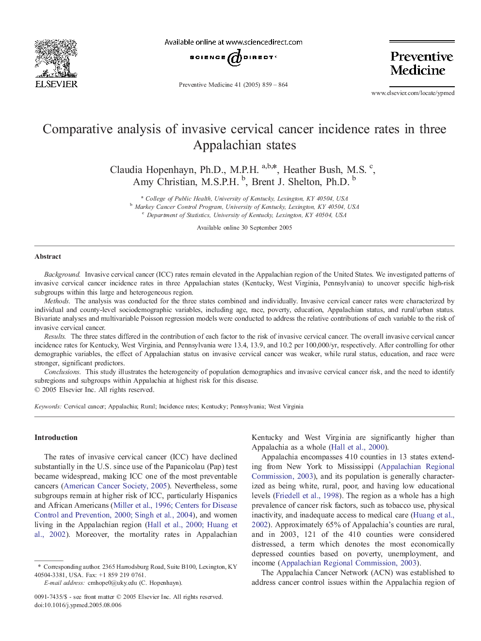 Comparative analysis of invasive cervical cancer incidence rates in three Appalachian states