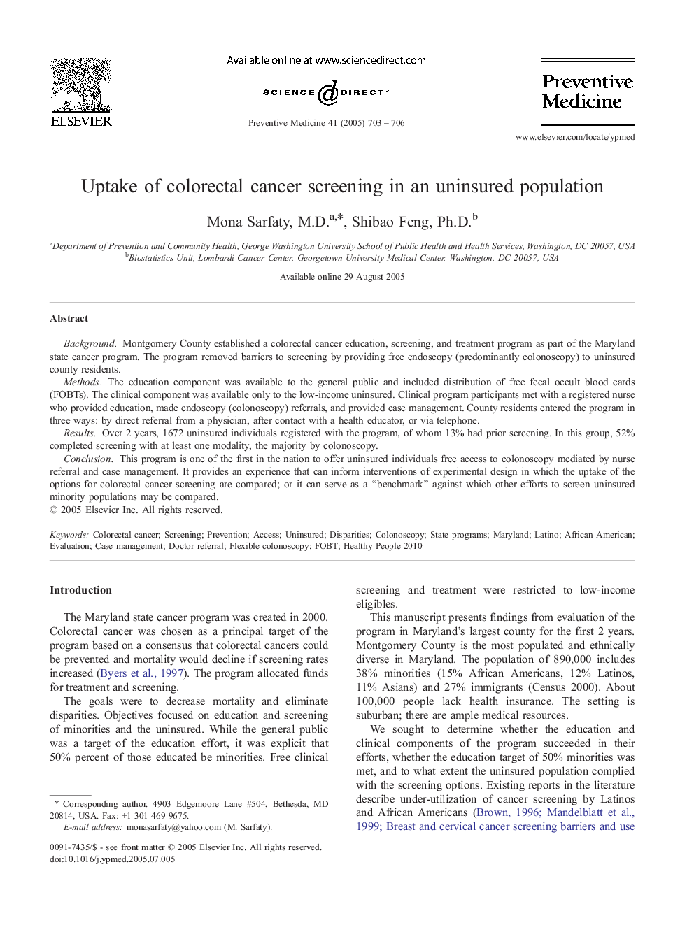 Uptake of colorectal cancer screening in an uninsured population