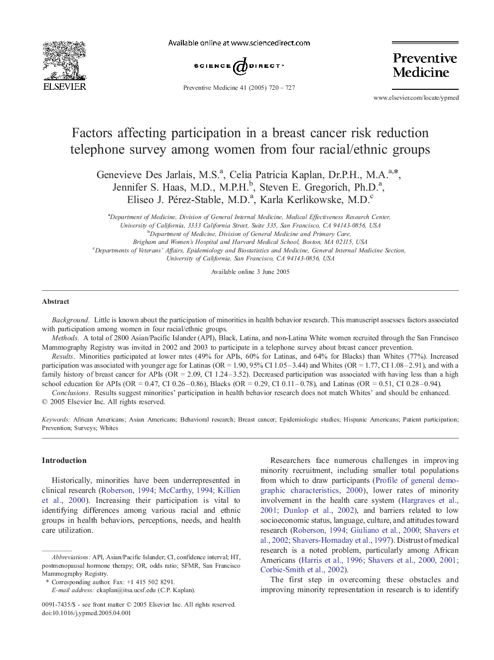 Factors affecting participation in a breast cancer risk reduction telephone survey among women from four racial/ethnic groups