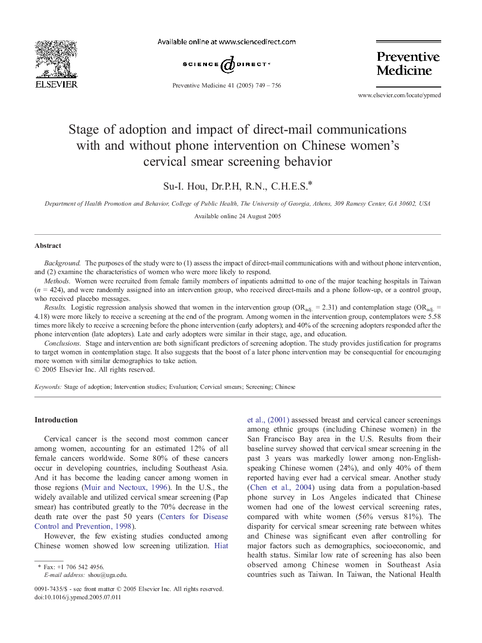 Stage of adoption and impact of direct-mail communications with and without phone intervention on Chinese women's cervical smear screening behavior