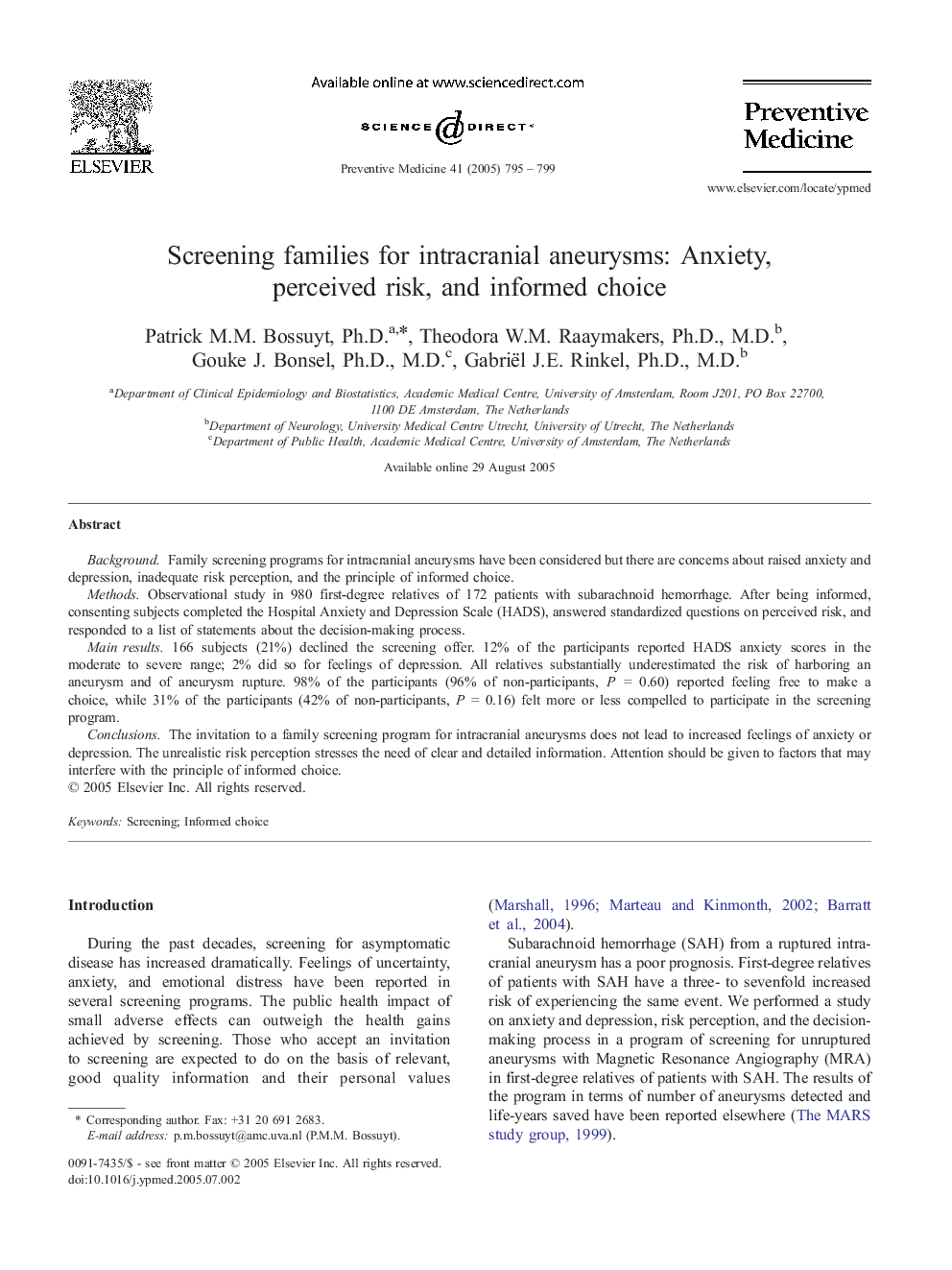 Screening families for intracranial aneurysms: Anxiety, perceived risk, and informed choice