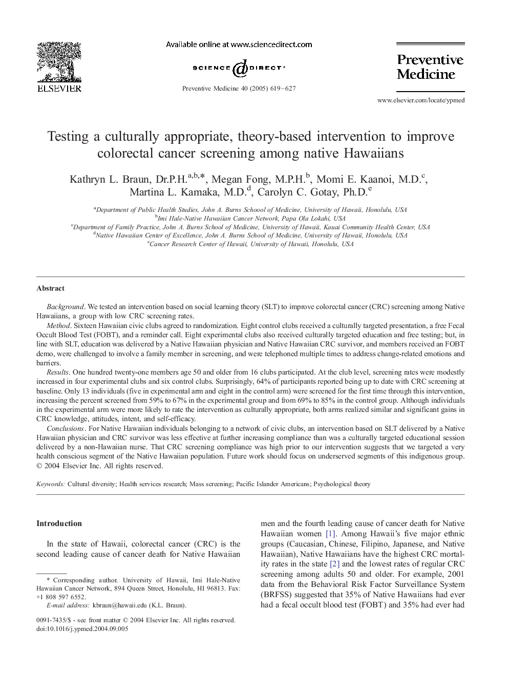 Testing a culturally appropriate, theory-based intervention to improve colorectal cancer screening among native Hawaiians