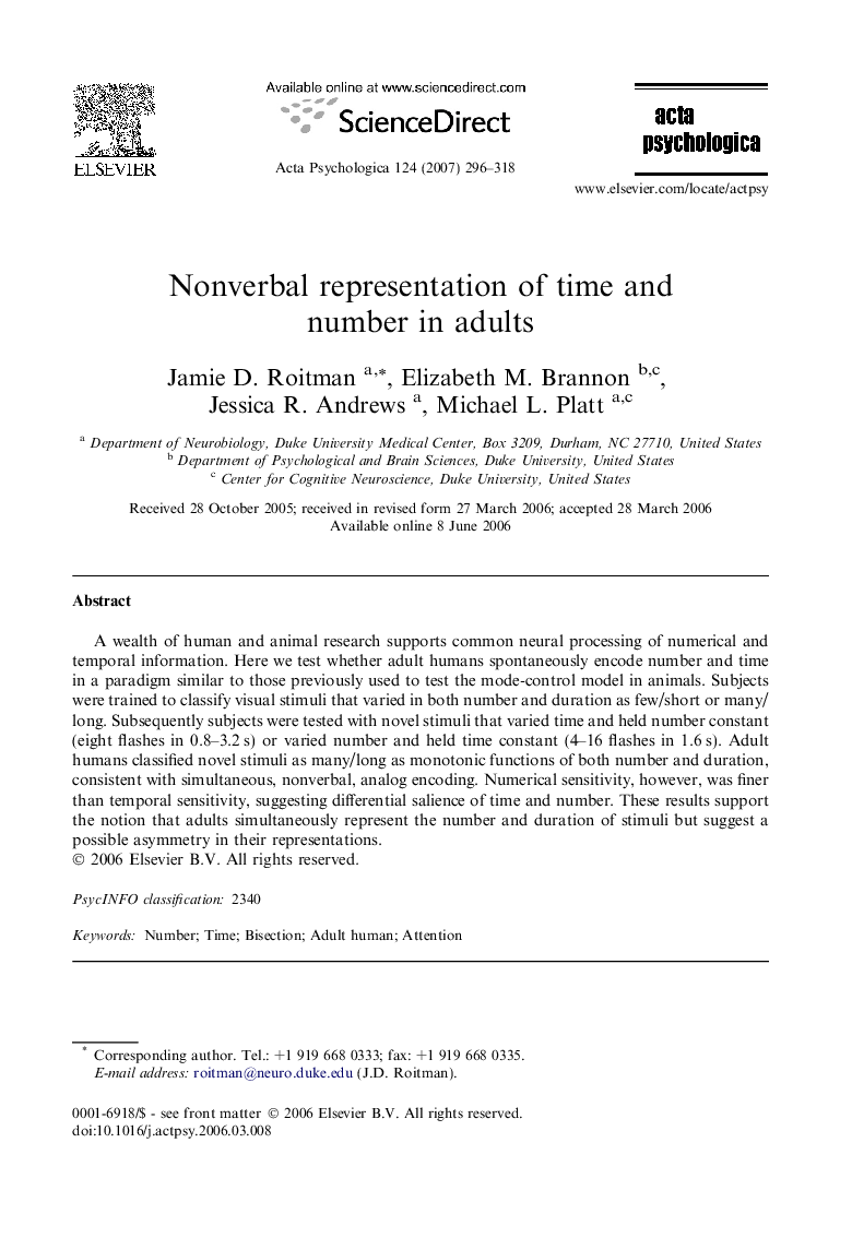 Nonverbal representation of time and number in adults