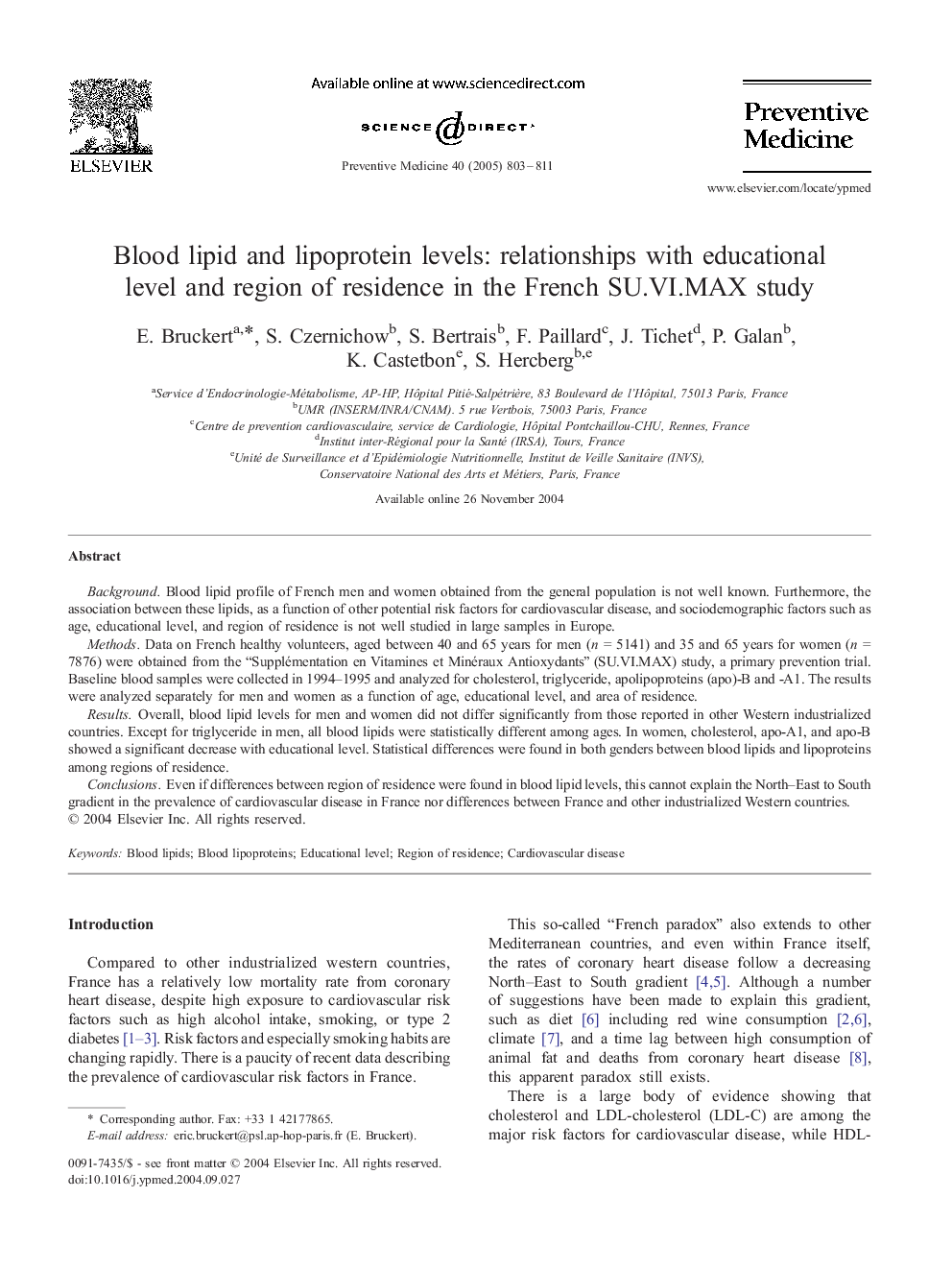 Blood lipid and lipoprotein levels: relationships with educational level and region of residence in the French SU.VI.MAX study