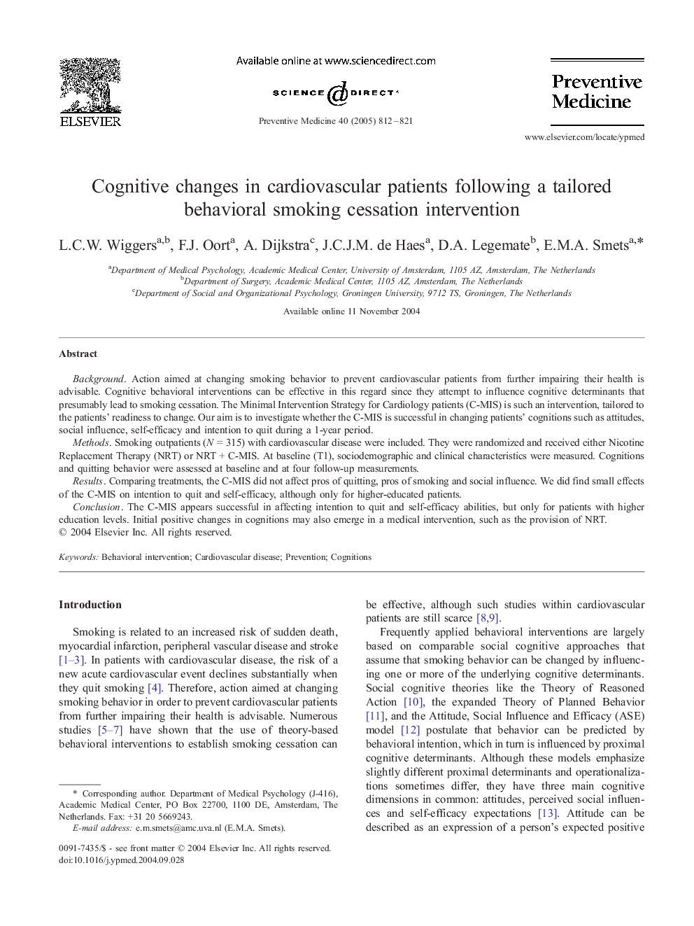 Cognitive changes in cardiovascular patients following a tailored behavioral smoking cessation intervention