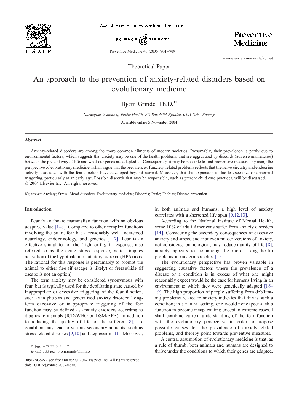 An approach to the prevention of anxiety-related disorders based on evolutionary medicine