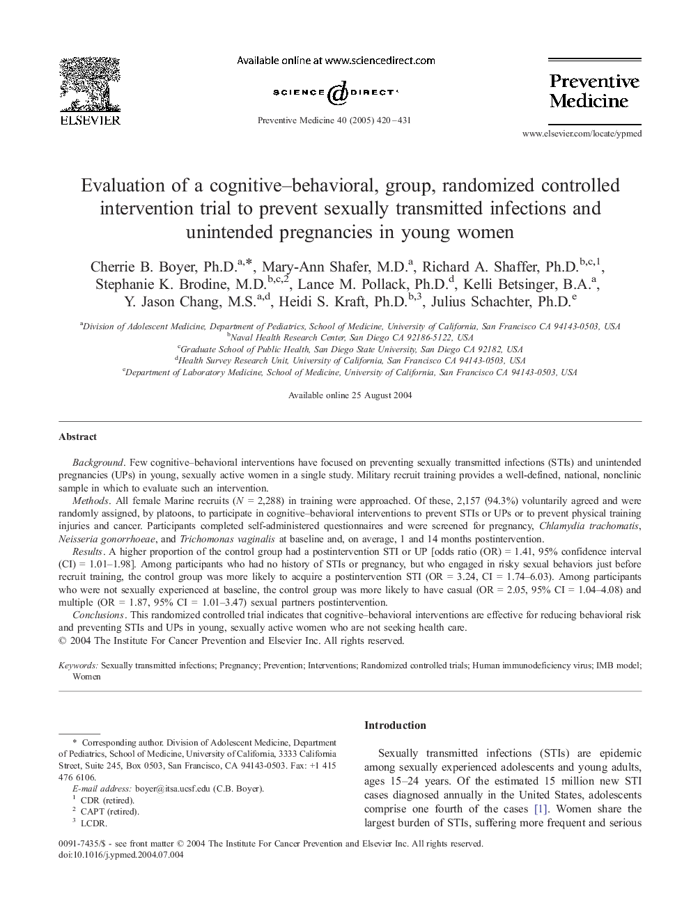 Evaluation of a cognitive-behavioral, group, randomized controlled intervention trial to prevent sexually transmitted infections and unintended pregnancies in young women