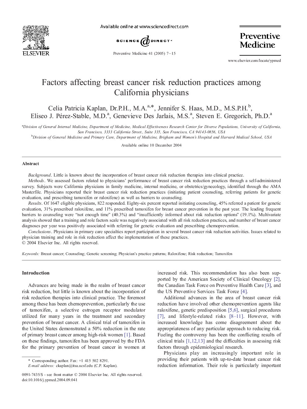 Factors affecting breast cancer risk reduction practices among California physicians