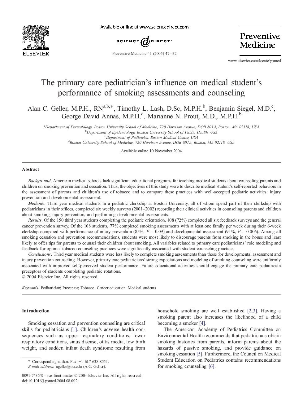 The primary care pediatrician's influence on medical student's performance of smoking assessments and counseling