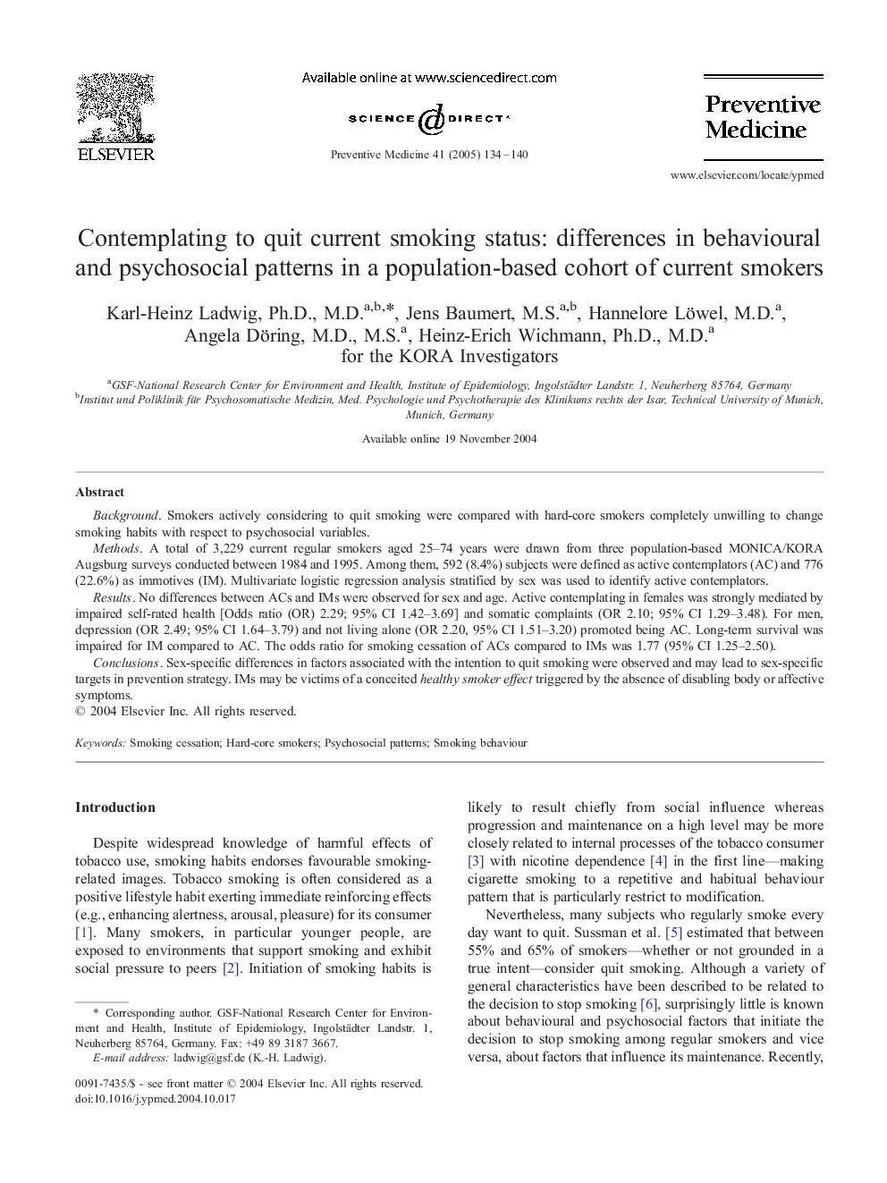 Contemplating to quit current smoking status: differences in behavioural and psychosocial patterns in a population-based cohort of current smokers