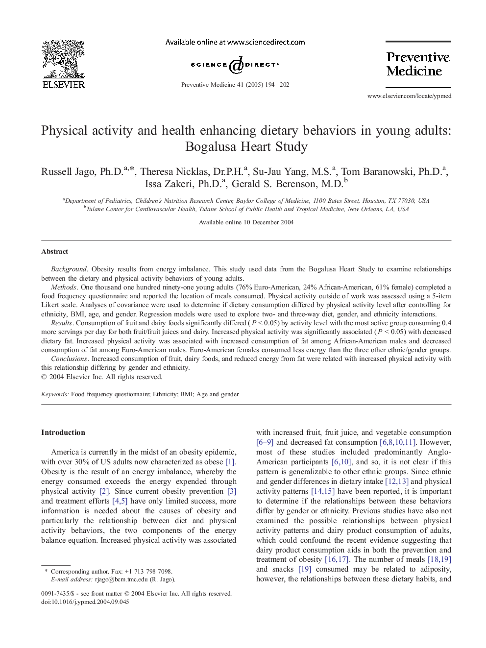 Physical activity and health enhancing dietary behaviors in young adults: Bogalusa Heart Study