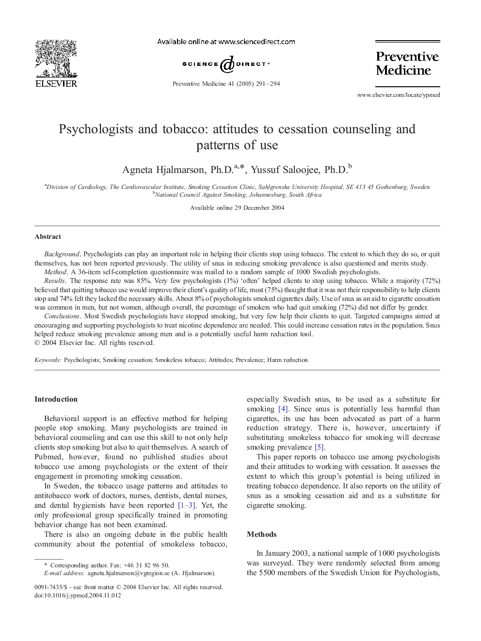 عکس صفحه اول مقاله: Psychologists and tobacco: attitudes to cessation counseling and patterns of use Psychologists and tobacco: attitudes to cessation counseling and patterns of use