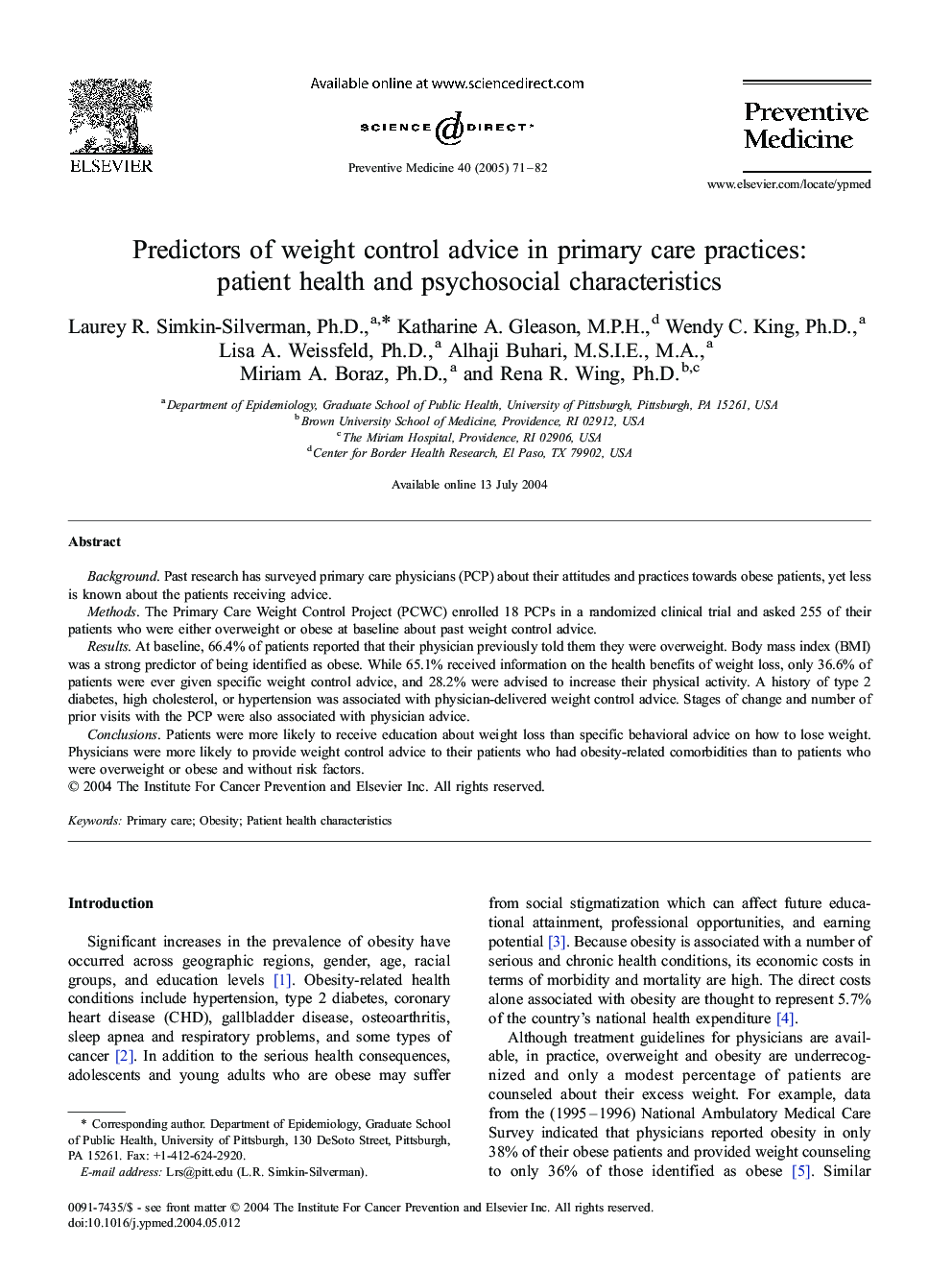 Predictors of weight control advice in primary care practices: patient health and psychosocial characteristics