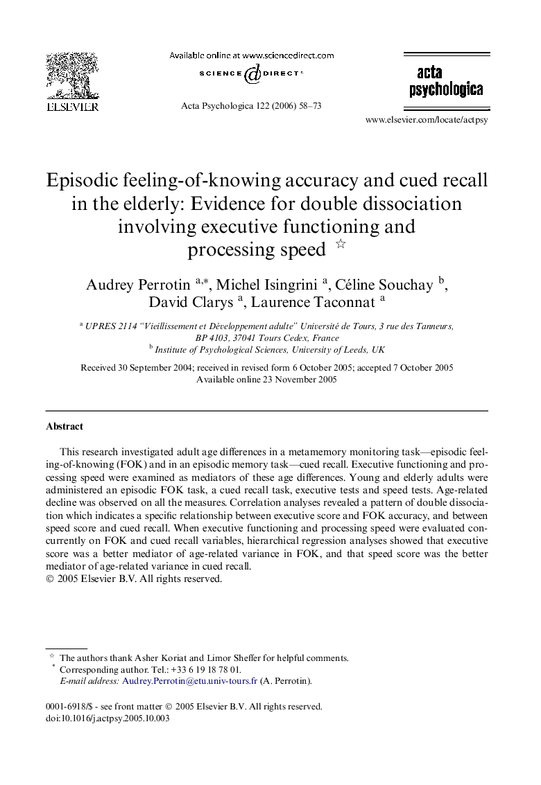 Episodic feeling-of-knowing accuracy and cued recall in the elderly: Evidence for double dissociation involving executive functioning and processing speed 