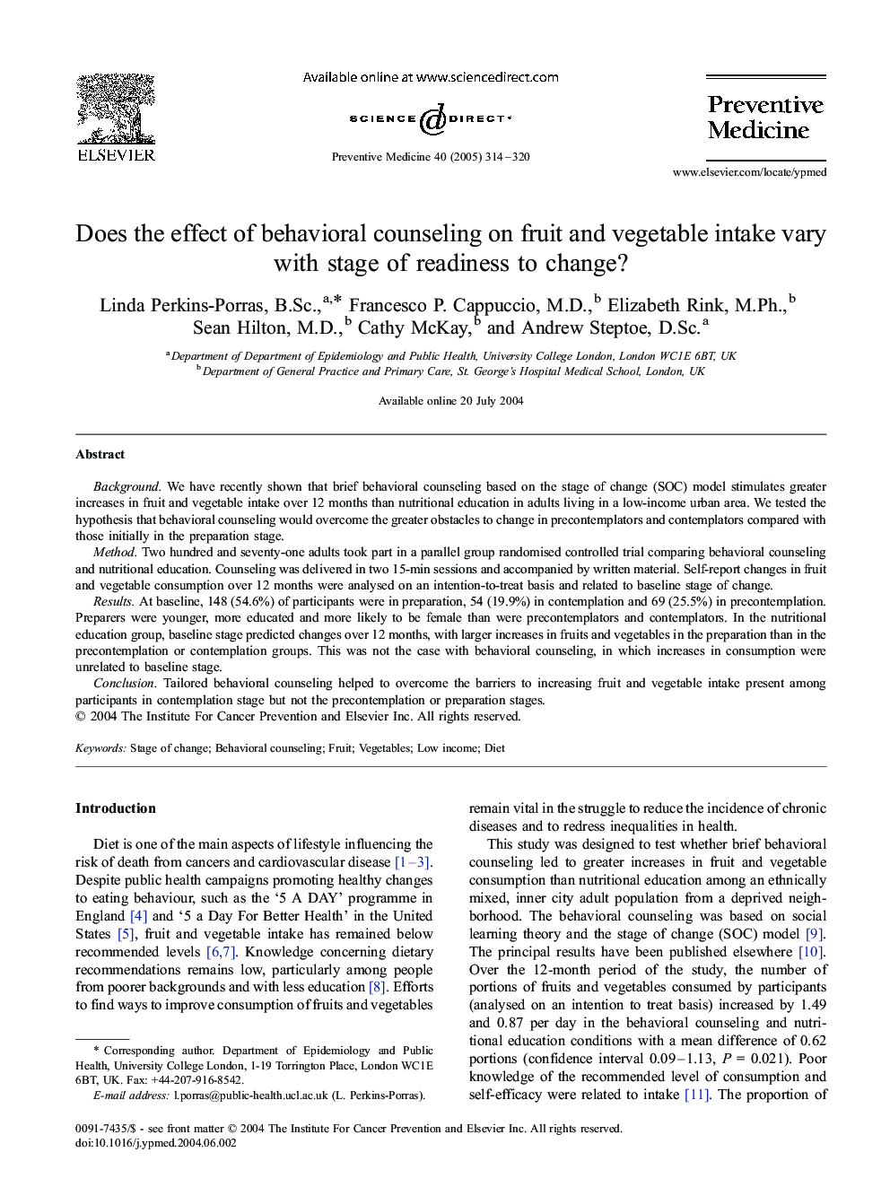 Does the effect of behavioral counseling on fruit and vegetable intake vary with stage of readiness to change?