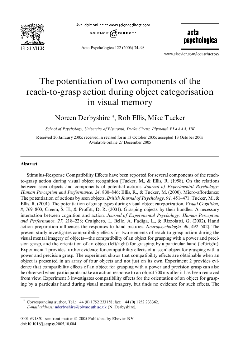 The potentiation of two components of the reach-to-grasp action during object categorisation in visual memory