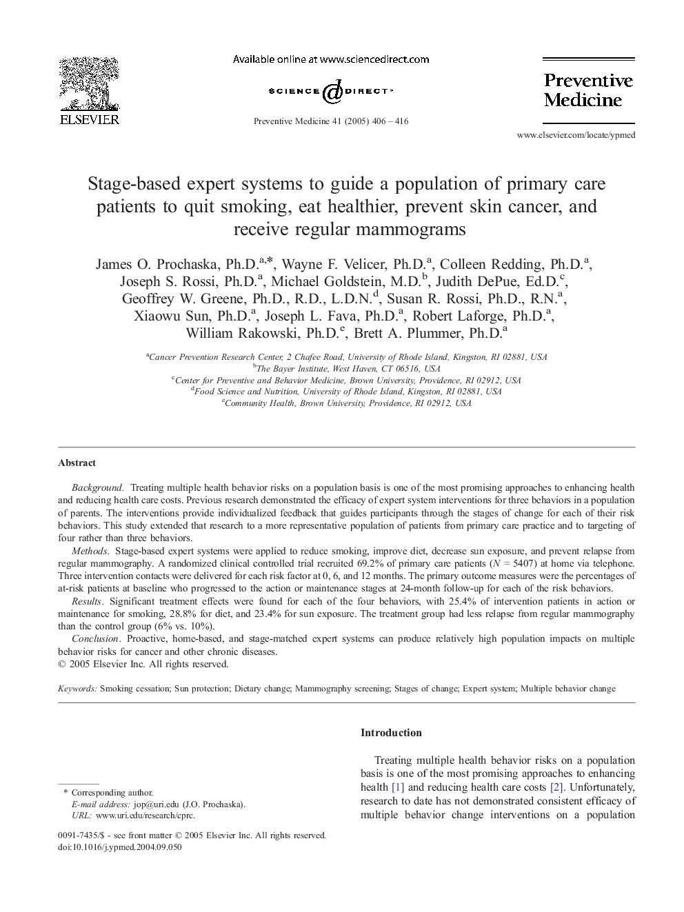 Stage-based expert systems to guide a population of primary care patients to quit smoking, eat healthier, prevent skin cancer, and receive regular mammograms