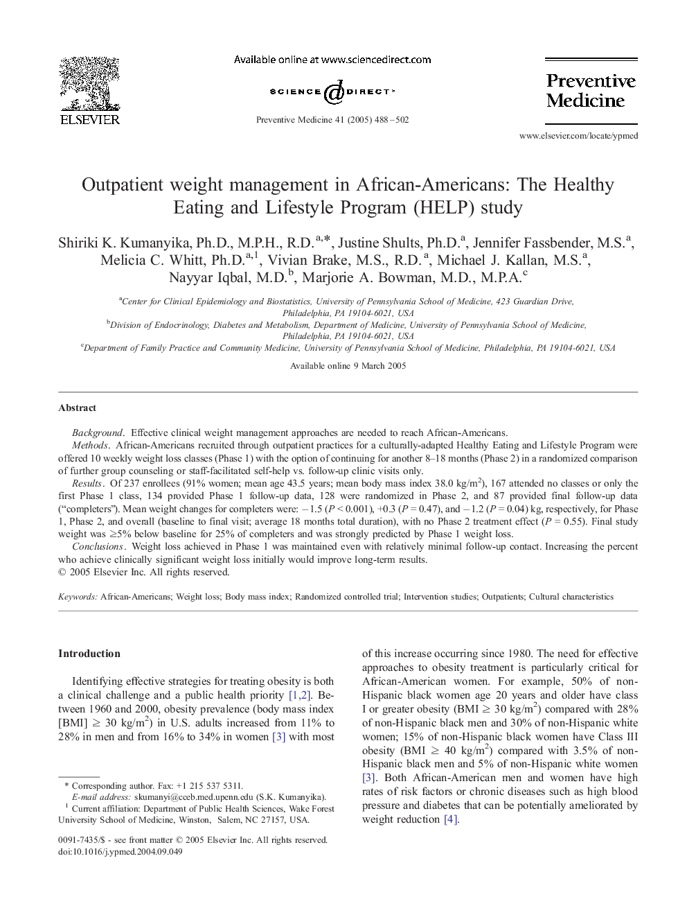 Outpatient weight management in African-Americans: the Healthy Eating and Lifestyle Program (HELP) study