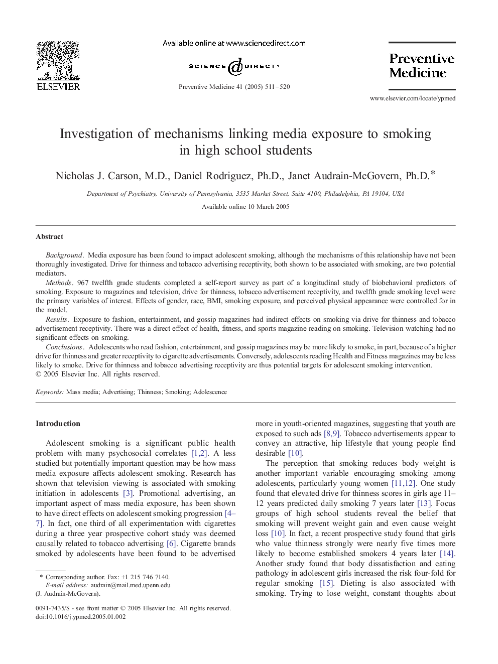 Investigation of mechanisms linking media exposure to smoking in high school students