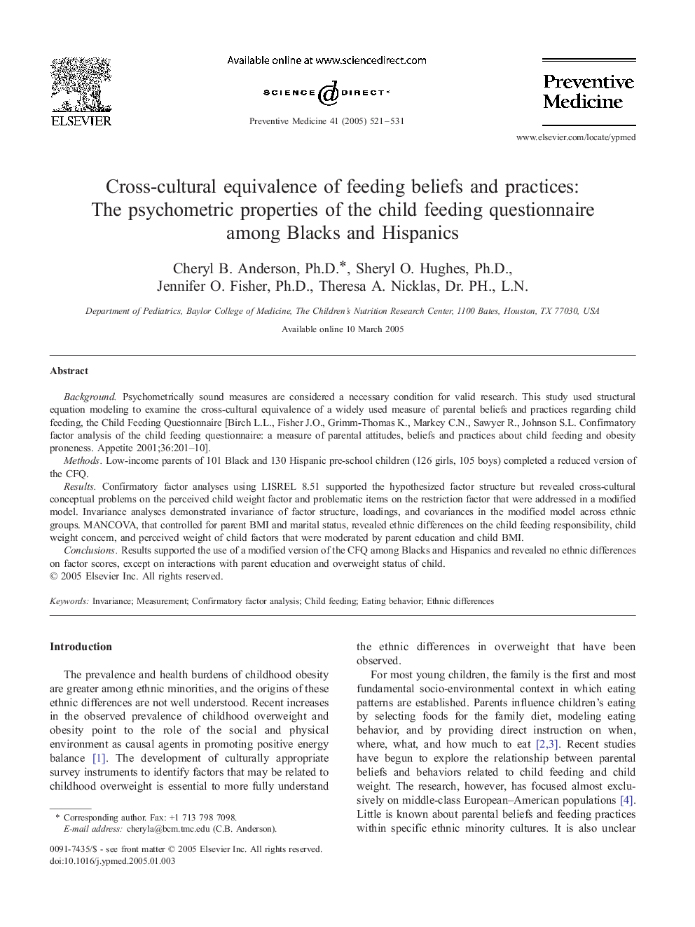 Cross-cultural equivalence of feeding beliefs and practices: The psychometric properties of the child feeding questionnaire among Blacks and Hispanics