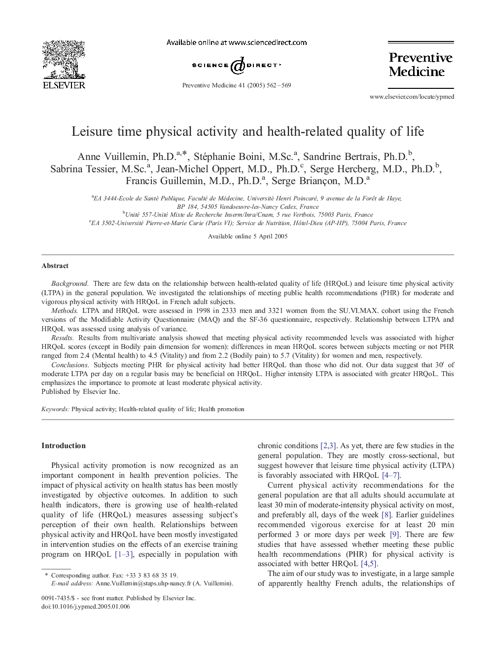 Leisure time physical activity and health-related quality of life