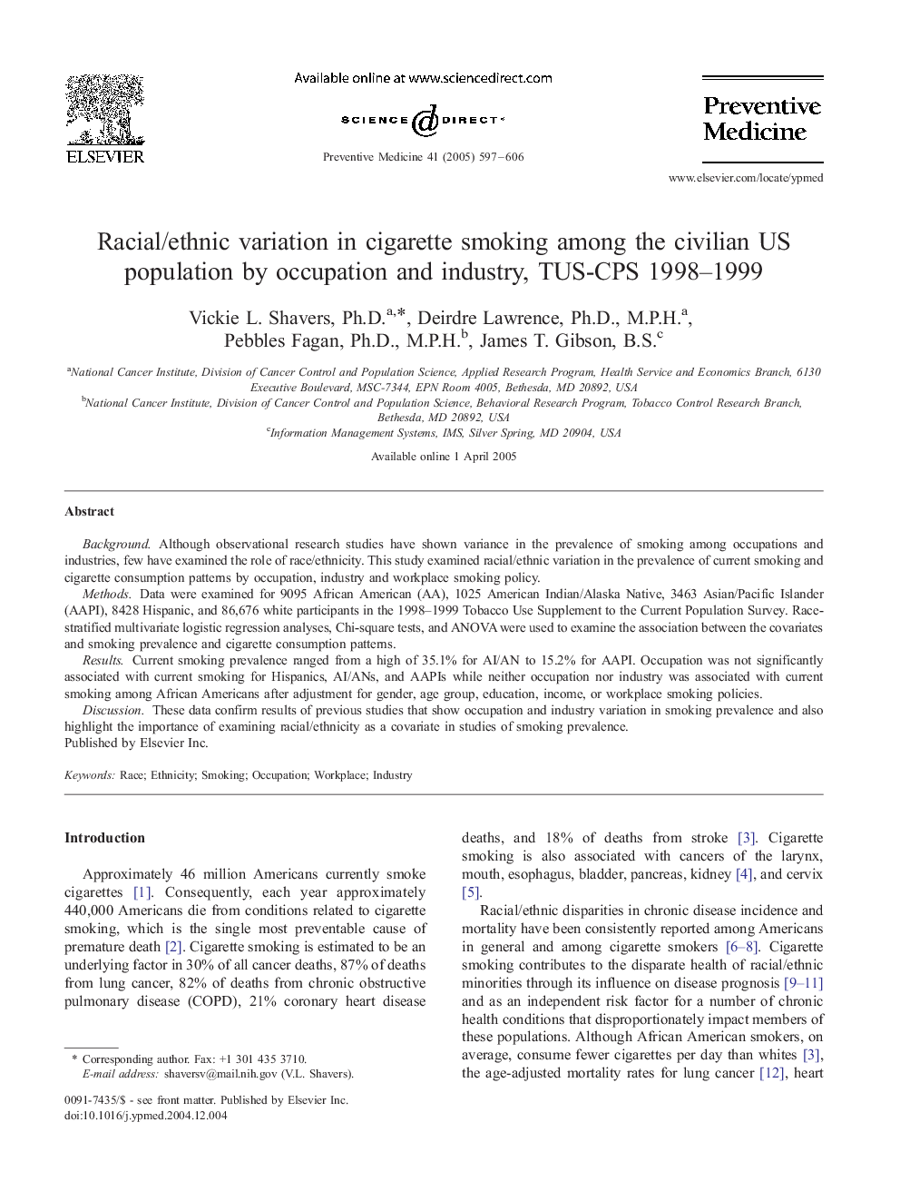 Racial/ethnic variation in cigarette smoking among the civilian US population by occupation and industry, TUS-CPS 1998-1999