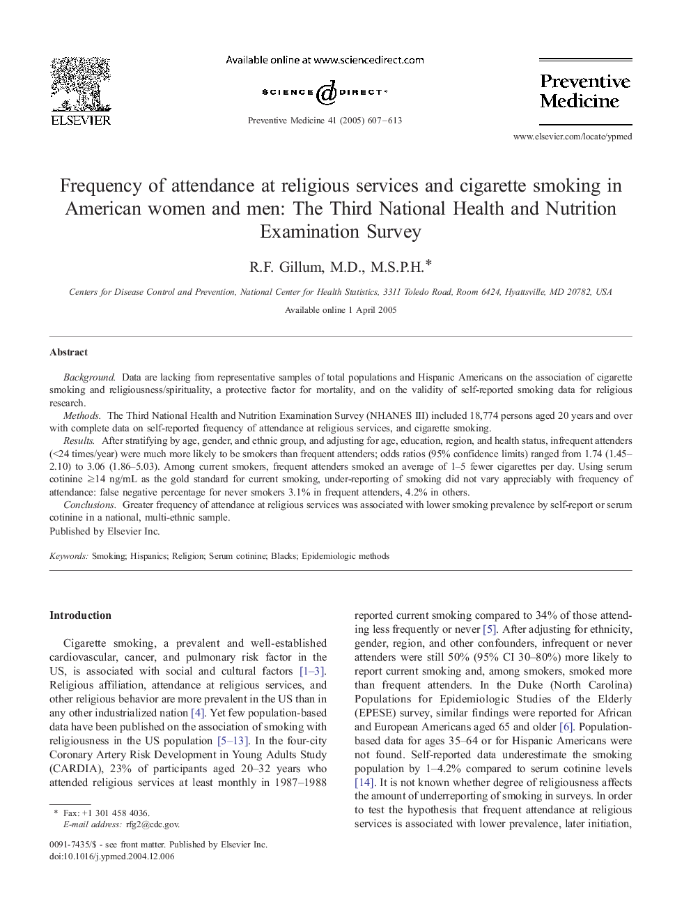 Frequency of attendance at religious services and cigarette smoking in American women and men: The Third National Health and Nutrition Examination Survey