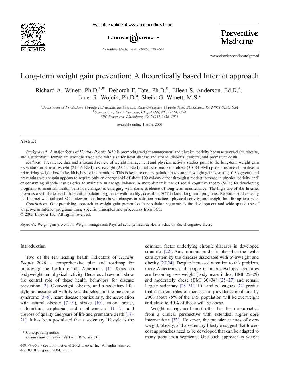 Long-term weight gain prevention: A theoretically based Internet approach