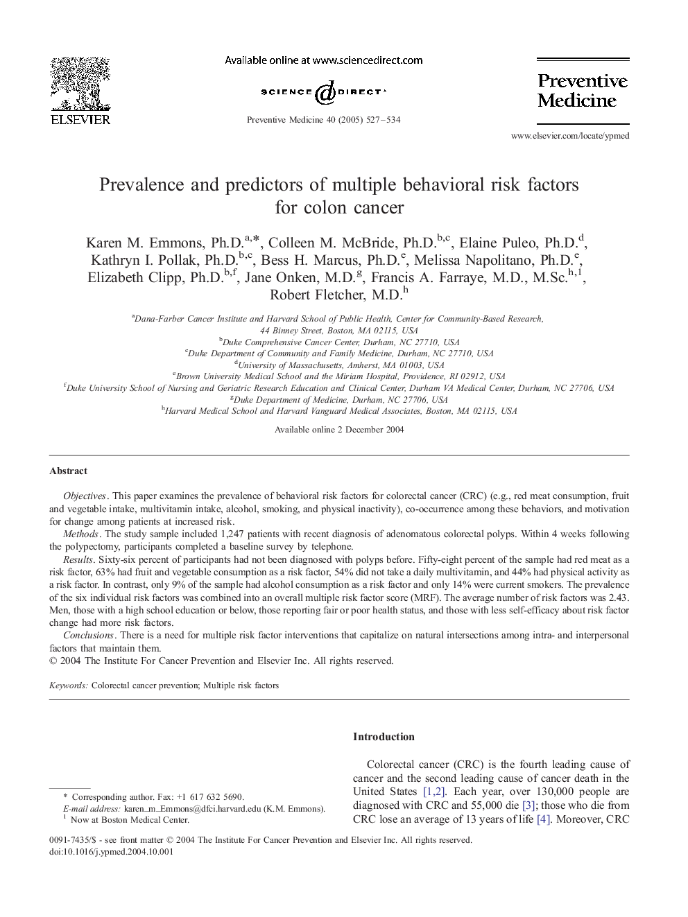 Prevalence and predictors of multiple behavioral risk factors for colon cancer