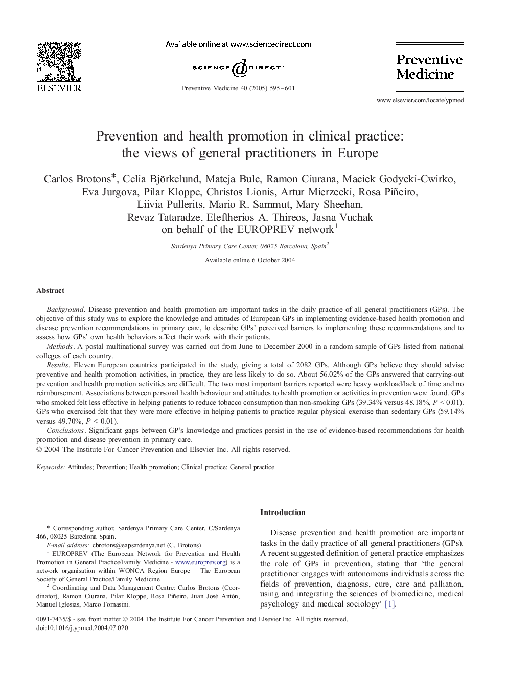 Prevention and health promotion in clinical practice: the views of general practitioners in Europe