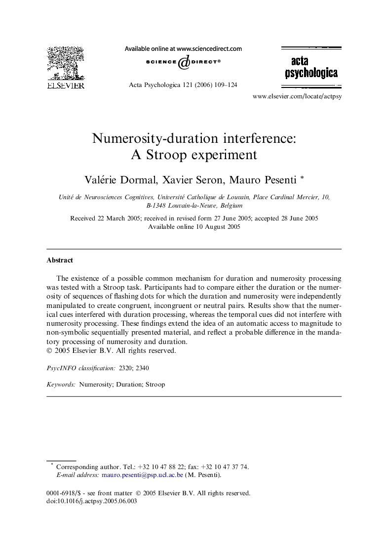 Numerosity-duration interference: A Stroop experiment