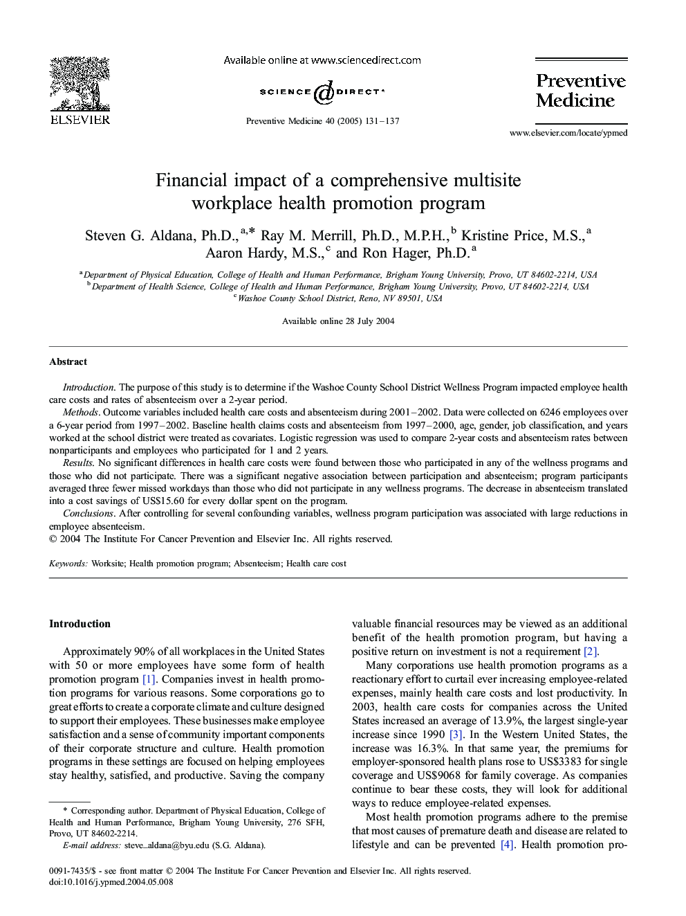 Financial impact of a comprehensive multisite workplace health promotion program