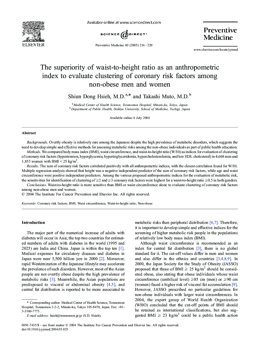 The superiority of waist-to-height ratio as an anthropometric index to evaluate clustering of coronary risk factors among non-obese men and women