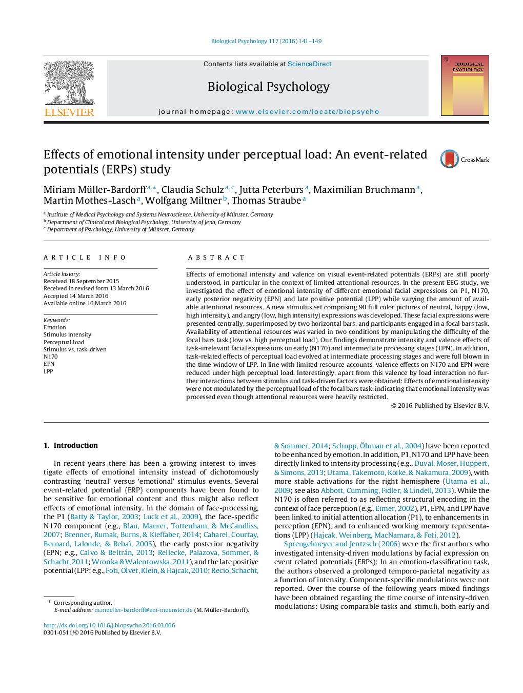 Effects of emotional intensity under perceptual load: An event-related potentials (ERPs) study