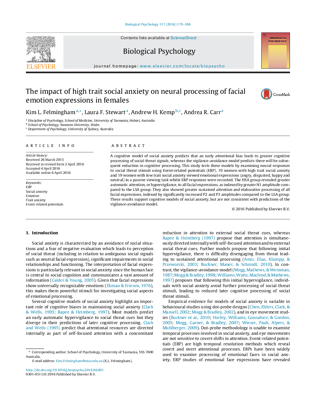 The impact of high trait social anxiety on neural processing of facial emotion expressions in females